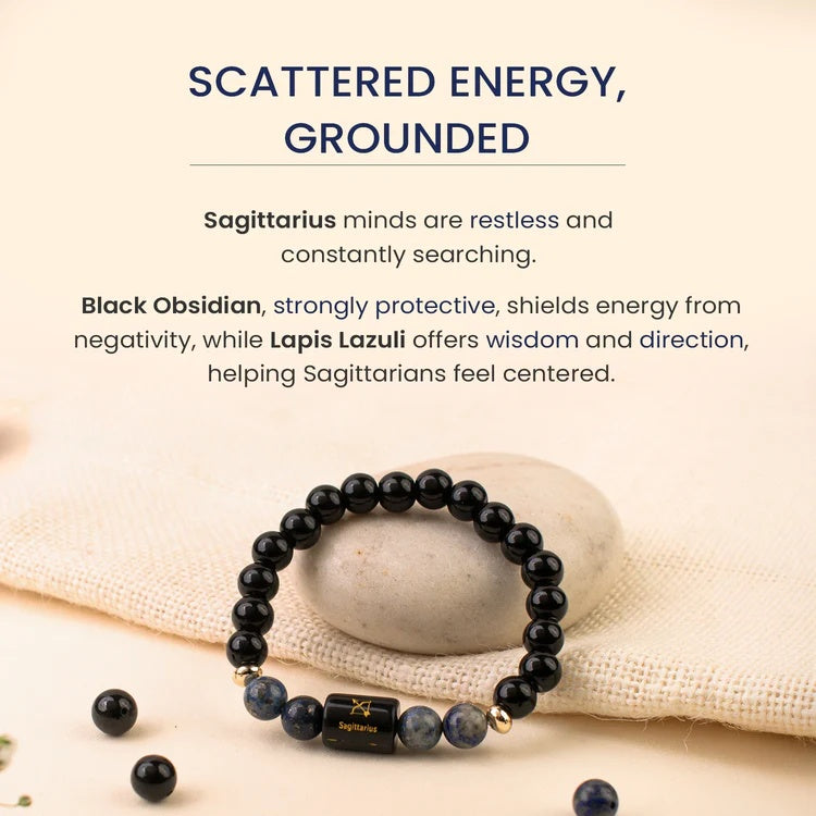 Sagittarius (धनु राशि) Zodiac Black Obsidian & Lapis Lazuli Bracelet - Image 3
