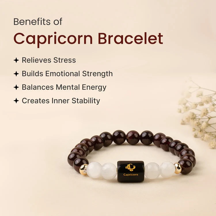 Capricorn (मकर राशि) Zodiac Garnet & Milky Quartz Bracelet - Image 2