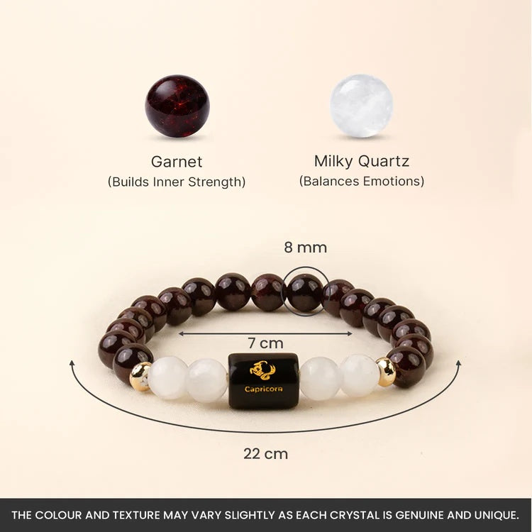 Capricorn (मकर राशि) Zodiac Garnet & Milky Quartz Bracelet - Image 4