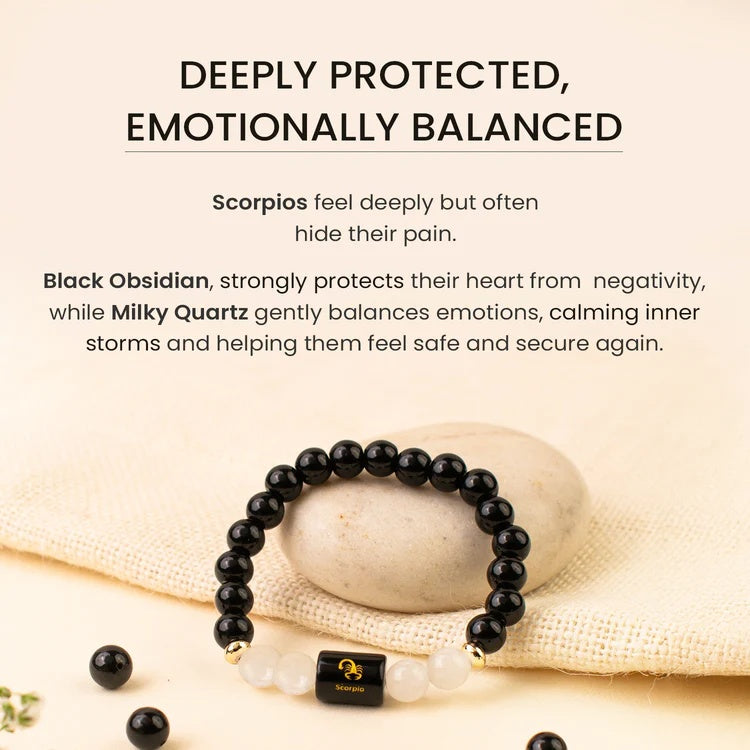 Scorpio (वृश्चिक राशि) Zodiac Black Obsidian & Milky Quartz Bracelet - Image 3