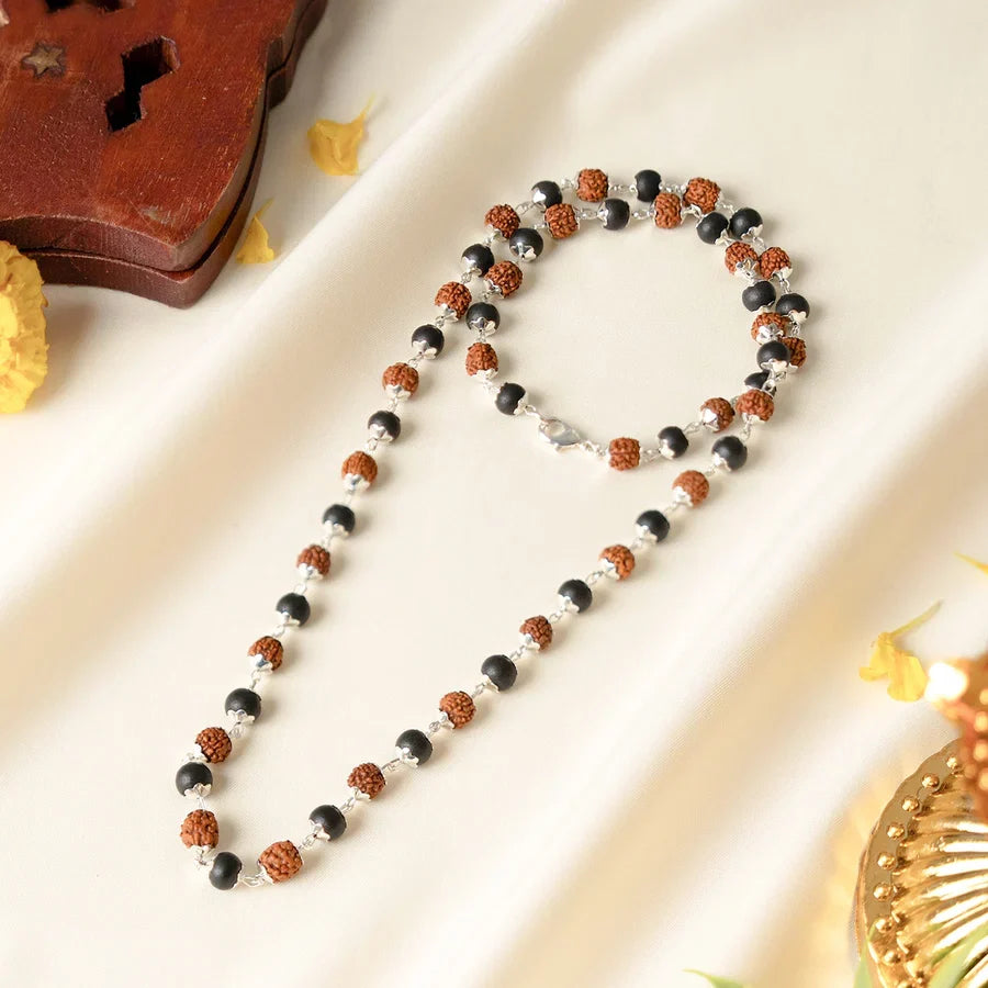 Divya Raksha Rudraksha & Karungali Mala with Silver Capping - Image 1