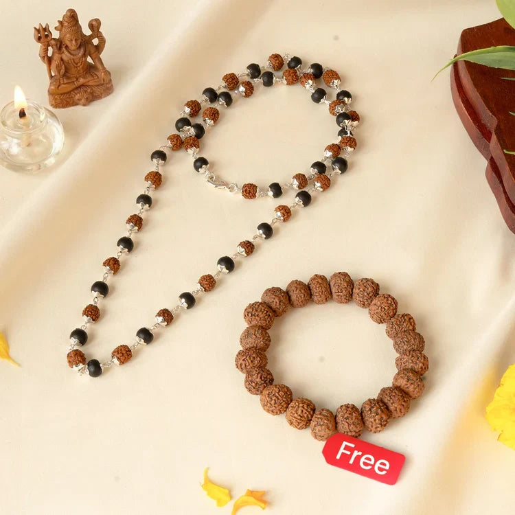 Divya Raksha Rudraksha & Karungali Mala with FREE 7 Mukhi Rudraksha Bracelet - Image 1