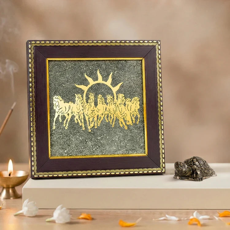 Vastu Shakti Combo – 7 Horses on Pyrite Frame with Pyrite Tortoise - Image 1