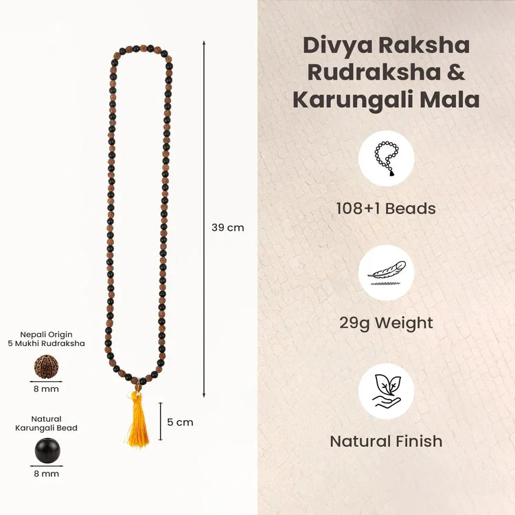 Divya Raksha Rudraksha & Karungali Mala 8mm - 108+1 Beads - Image 3