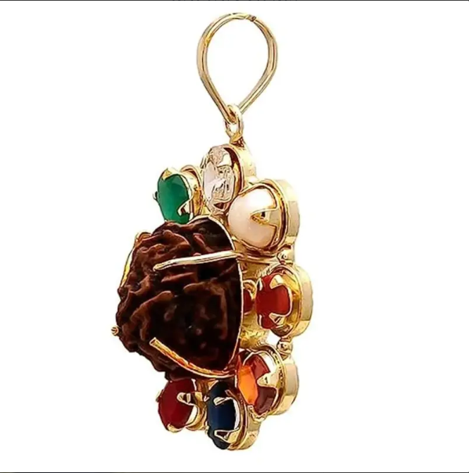 Natural Certified Navratna Pendant with 5 mukhi rudraksha