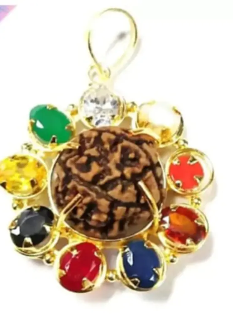 Natural Certified Navratna Pendant with 5 mukhi rudraksha