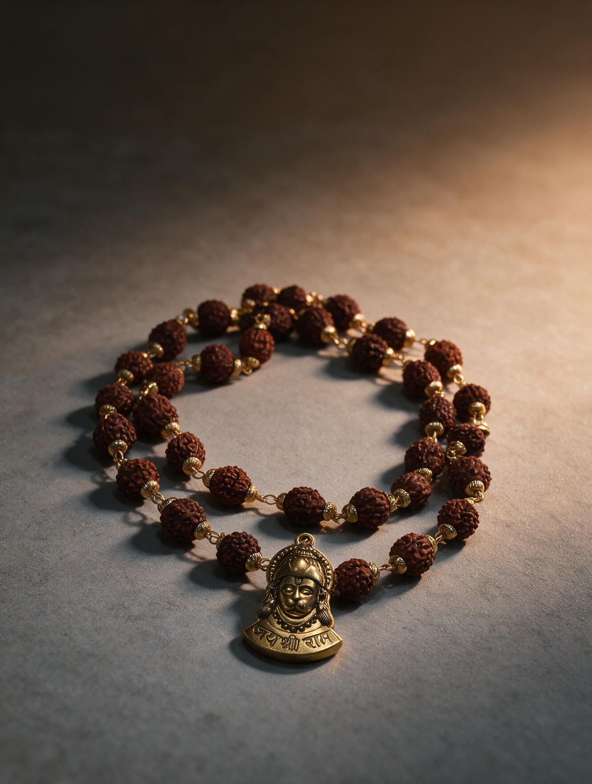 Rudraksha Mala with Gold Capping & Hanuman Pendant