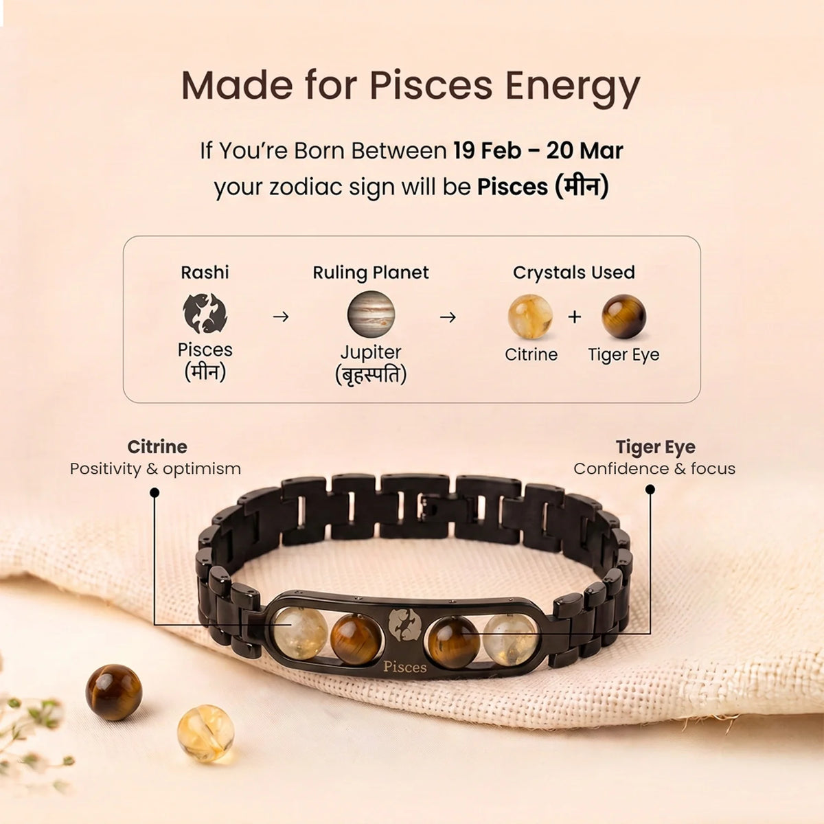 Pisces Zodiac Metal Bracelet with Free Raw Selenite Plate