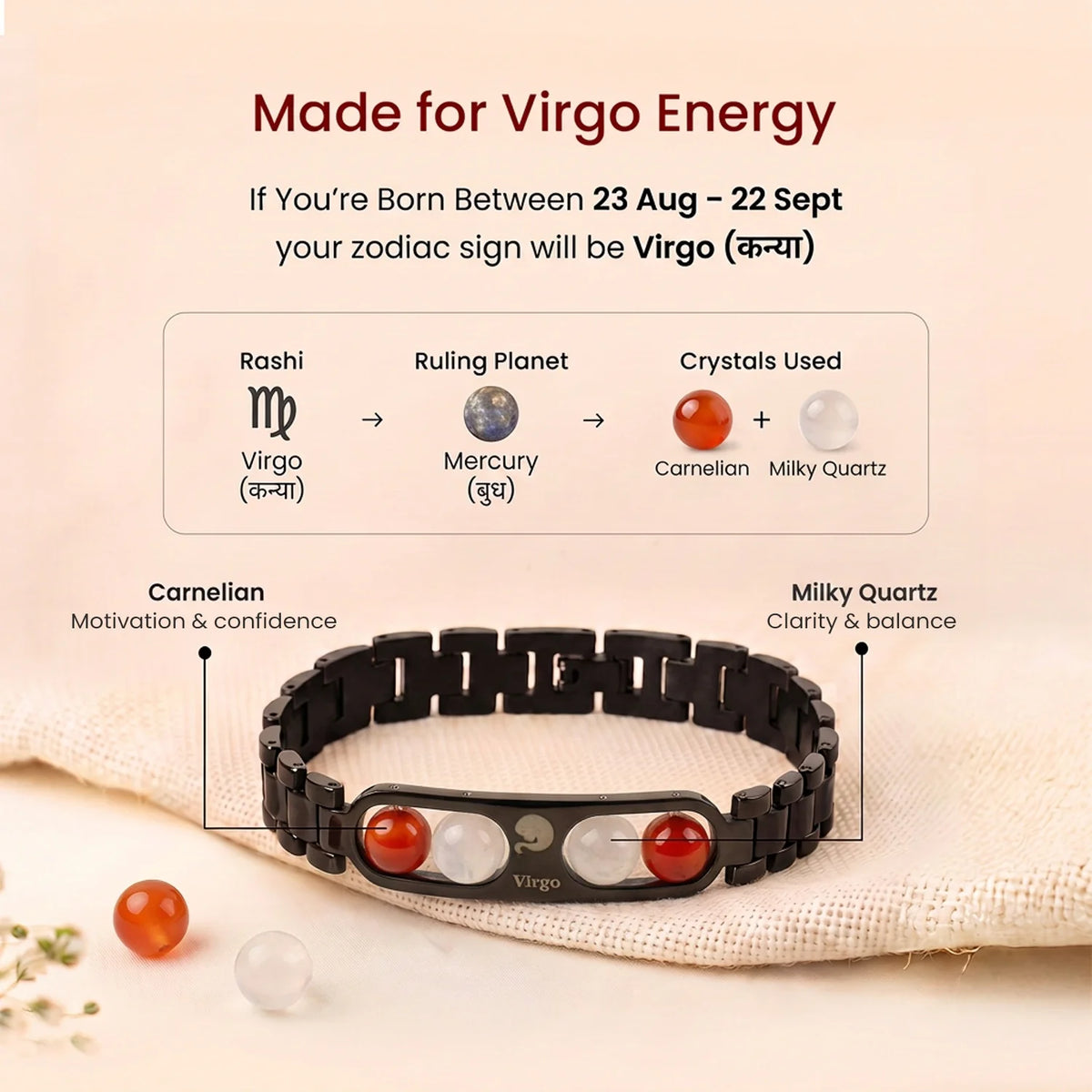 Virgo Zodiac Metal Bracelet with Free Raw Selenite Plate