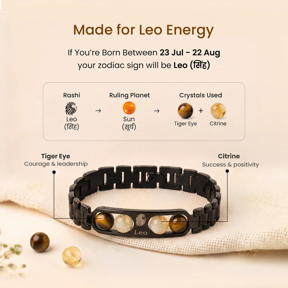 Leo Zodiac Metal Bracelet with Free Raw Selenite Plate
