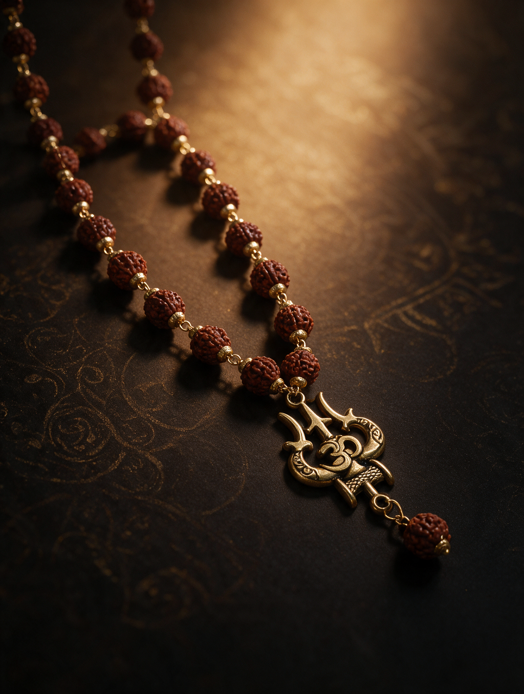 Rudraksha Mala with Gold Capping & Om Trishul Pendant