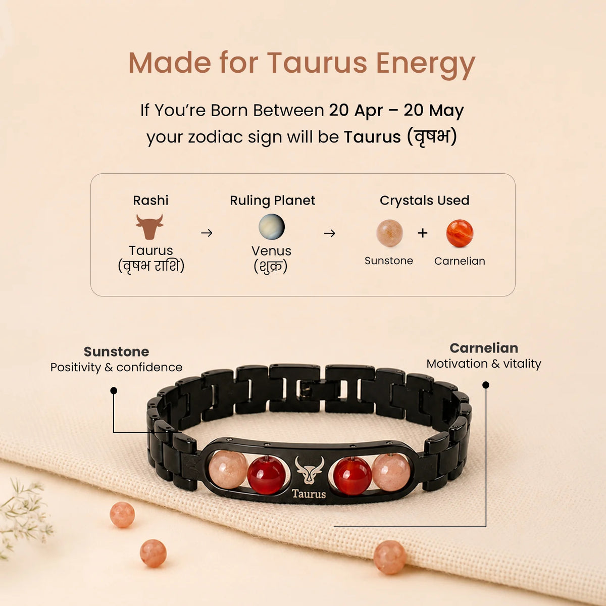 Taurus Zodiac Metal Bracelet with Free Raw Selenite Plate