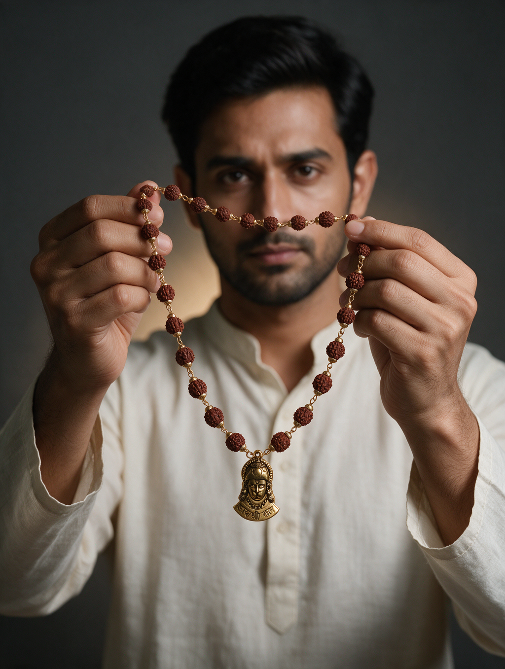 Rudraksha Mala with Gold Capping & Hanuman Pendant