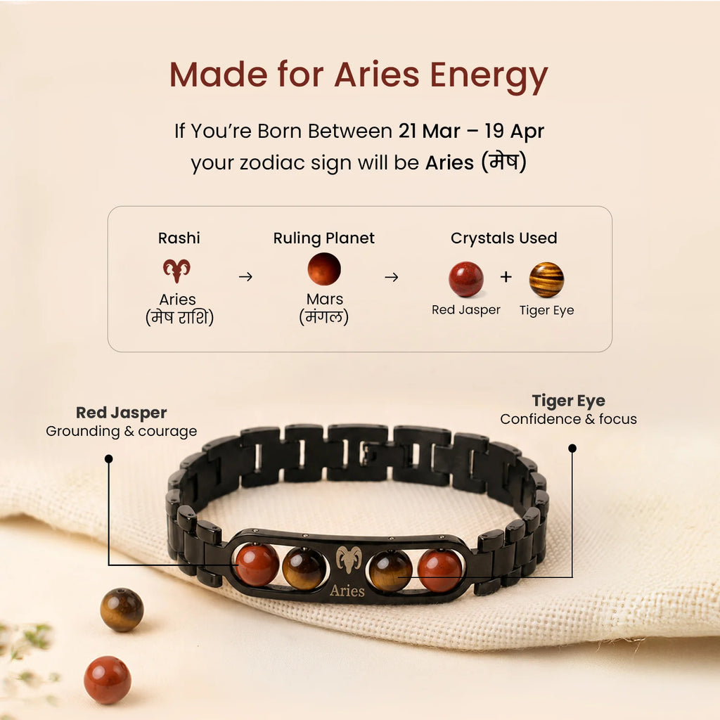 Aries Zodiac Metal Bracelet with Free Raw Selenite Plate