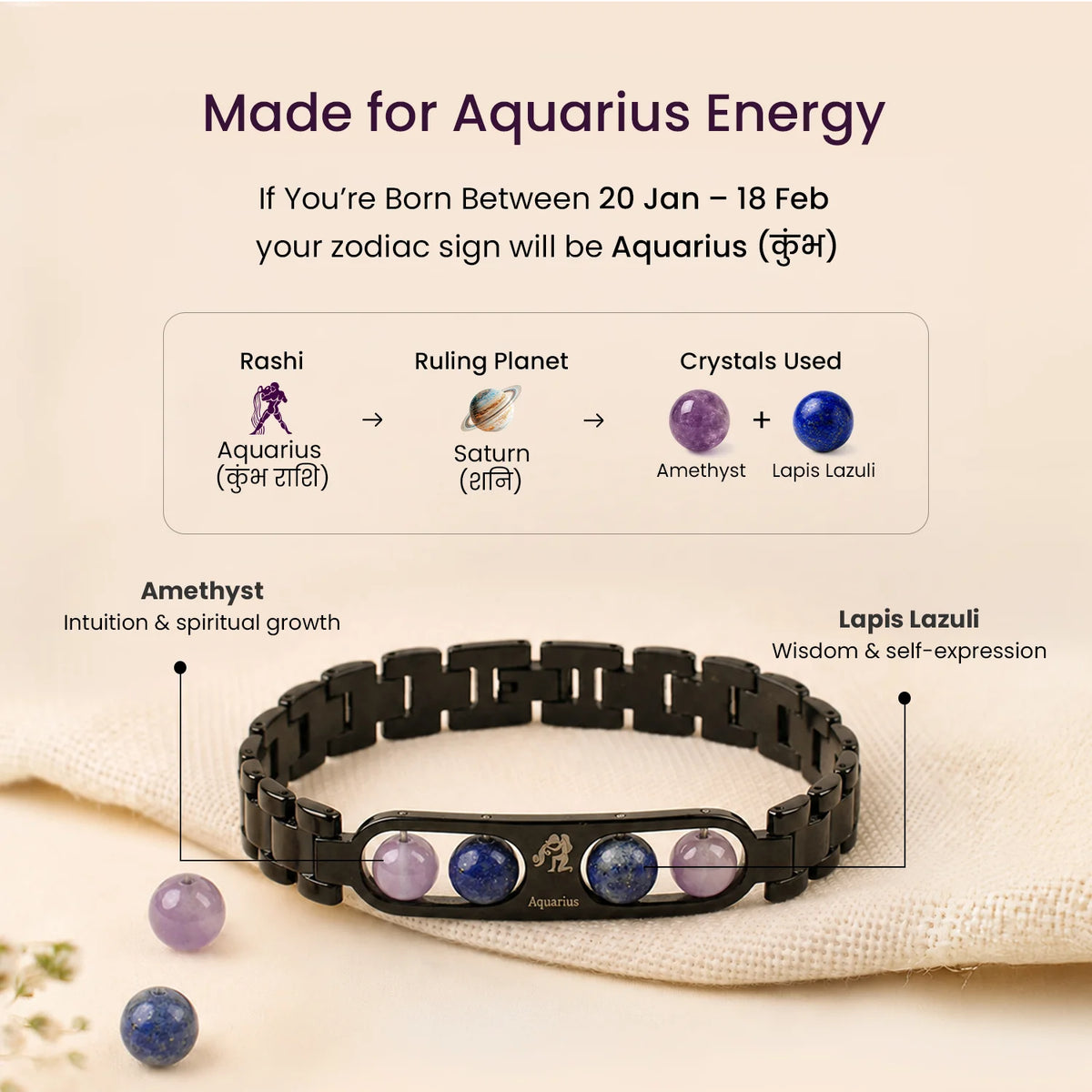 Aquarius Zodiac Metal Bracelet with Free Raw Selenite Plate