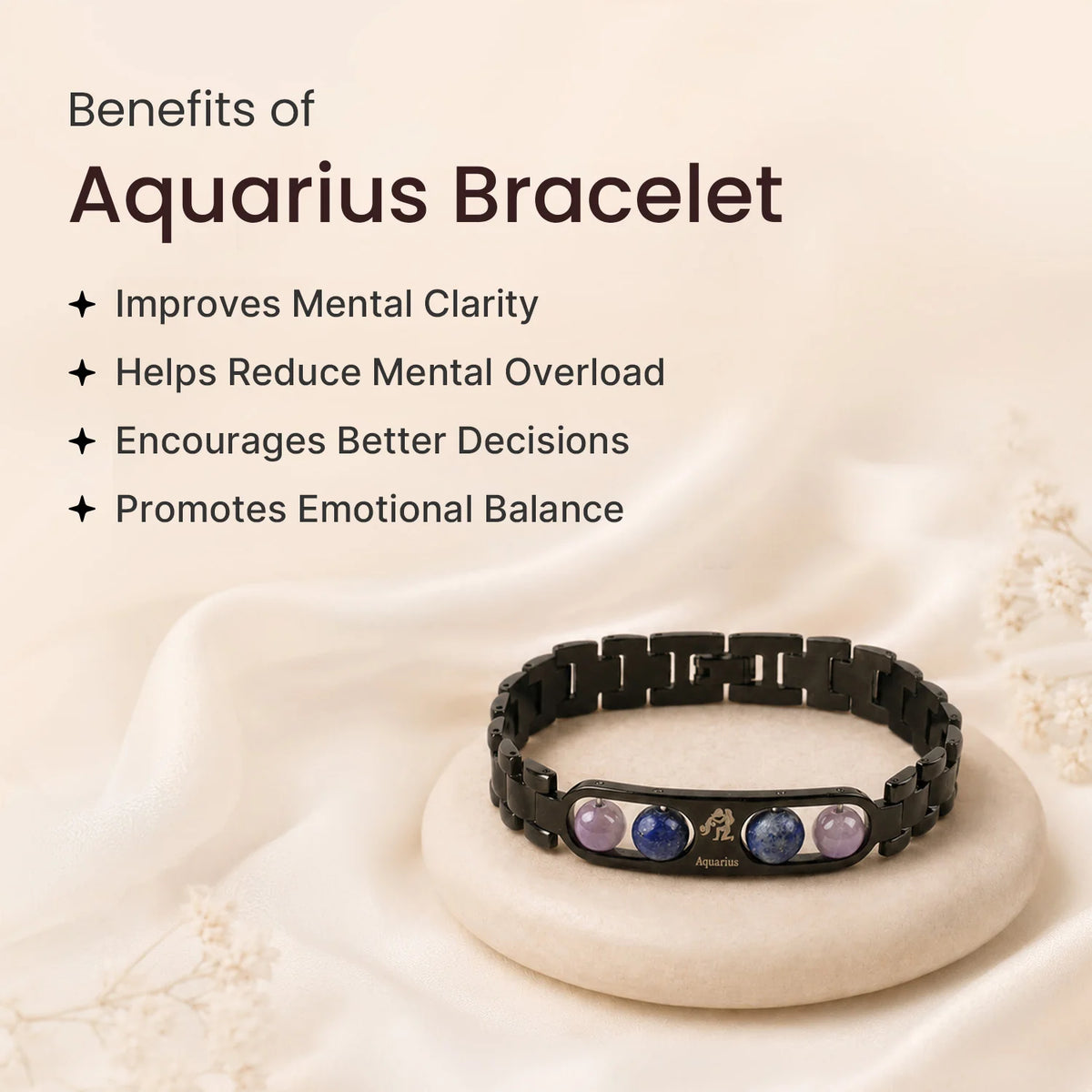 Aquarius Zodiac Metal Bracelet with Free Raw Selenite Plate