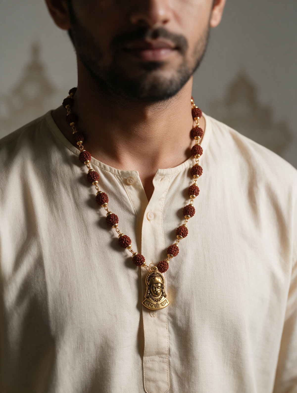 Rudraksha Mala with Gold Capping & Hanuman Pendant