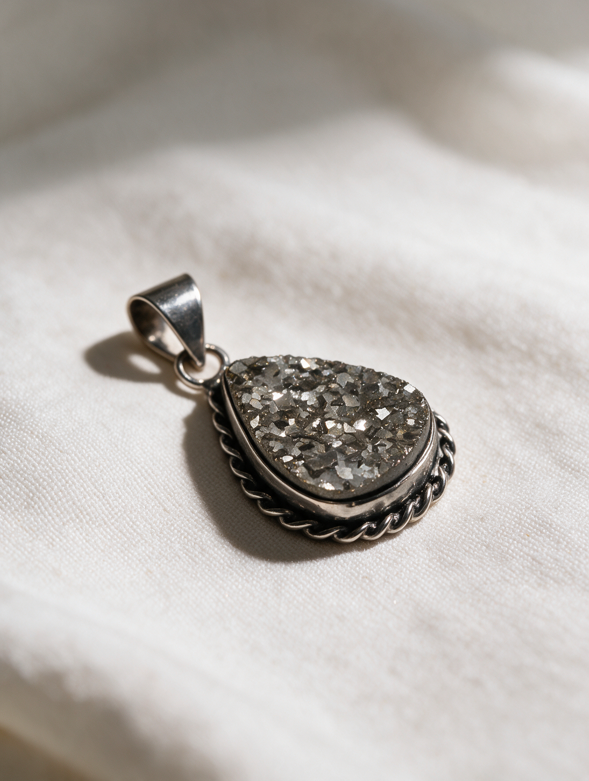 Silver Pyrite Druzy Pendant – Teardrop