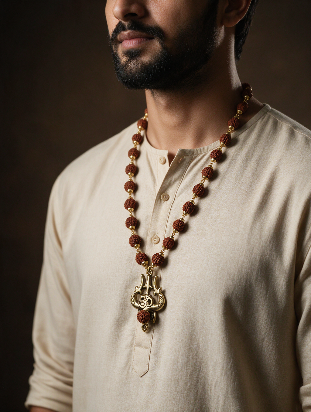 Rudraksha Mala with Gold Capping & Om Trishul Pendant