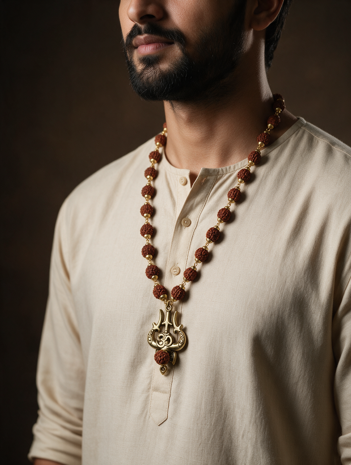 Rudraksha Mala with Gold Capping & Om Trishul Pendant