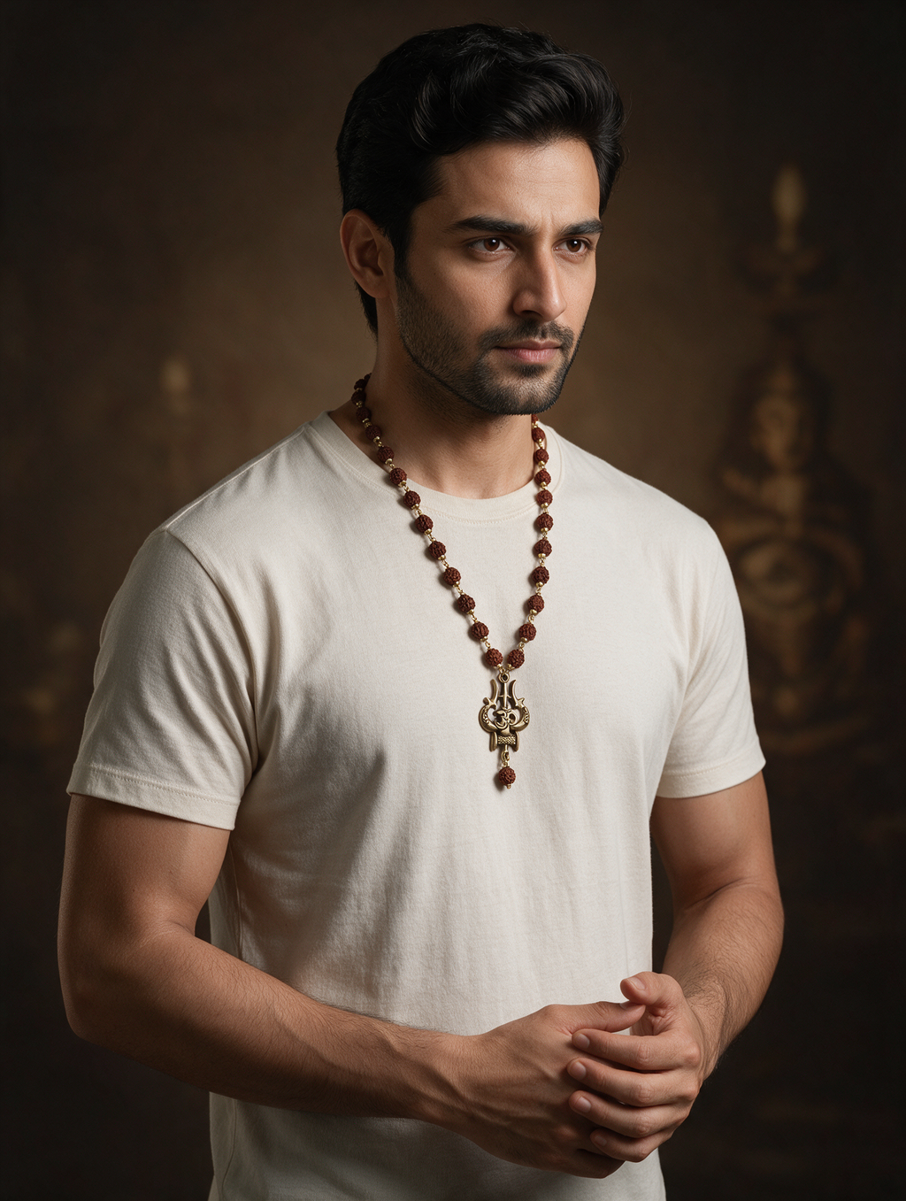 Rudraksha Mala with Gold Capping & Om Trishul Pendant