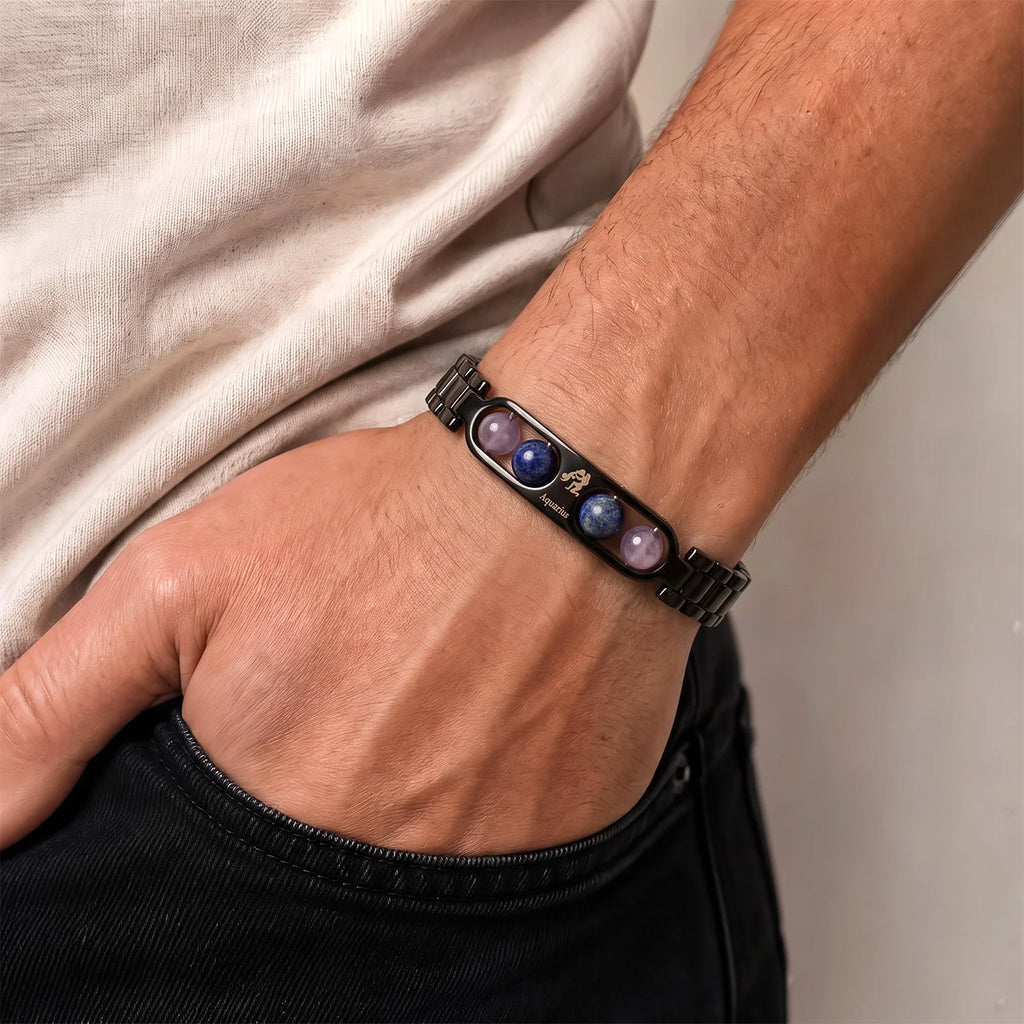 Aquarius Zodiac Metal Bracelet with Free Raw Selenite Plate