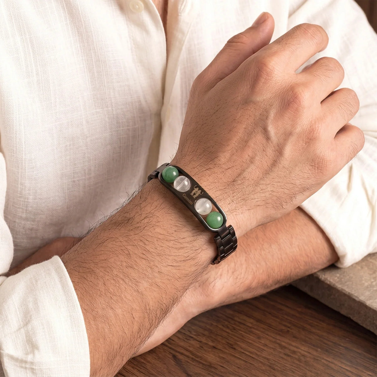 Gemini Zodiac Metal Bracelet with Free Raw Selenite Plate