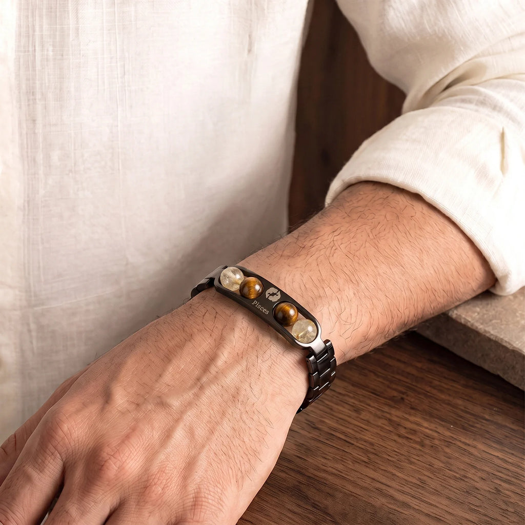 Pisces Zodiac Metal Bracelet with Free Raw Selenite Plate