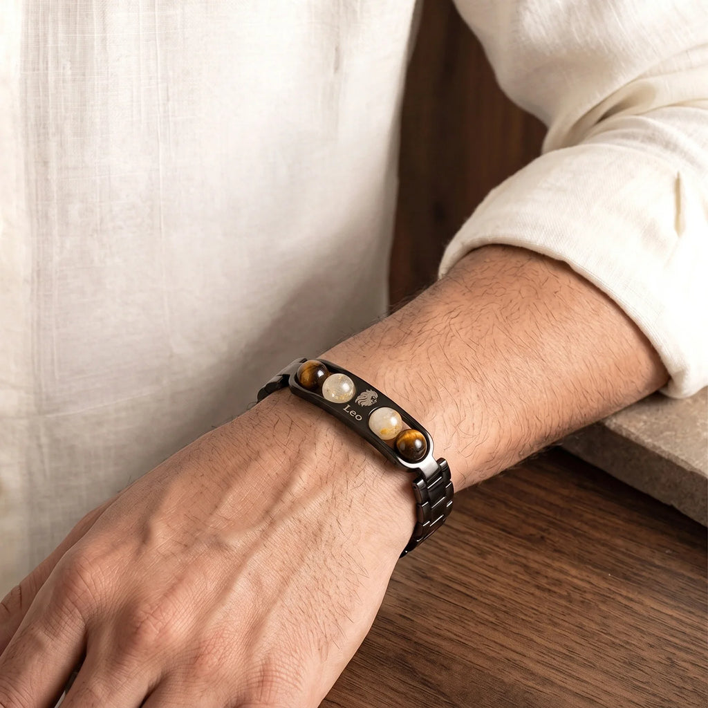 Leo Zodiac Metal Bracelet with Free Raw Selenite Plate