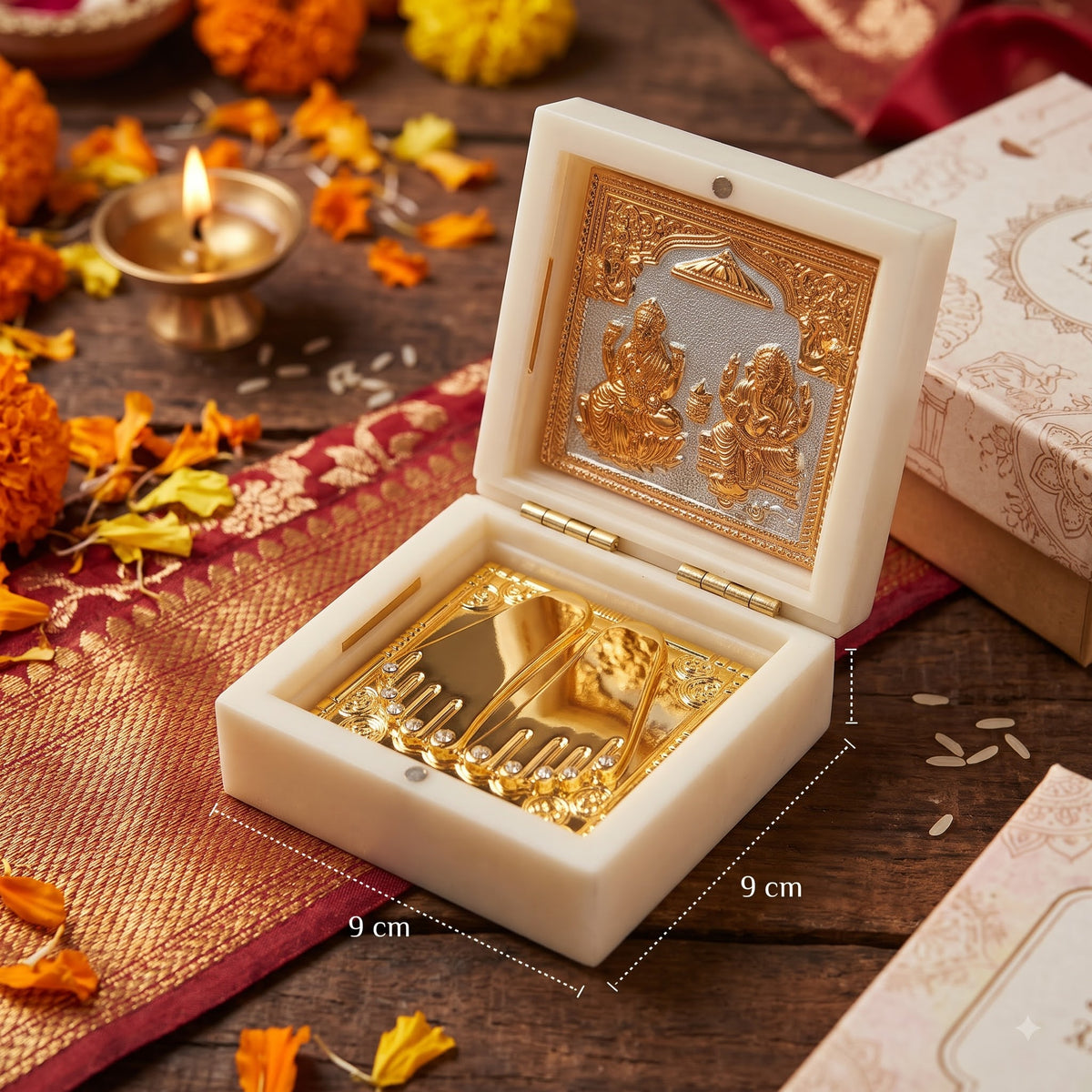 Premium Laxmi Puja & Festive Gift Box / Designer Wooden Laxmi Charan Gift Box