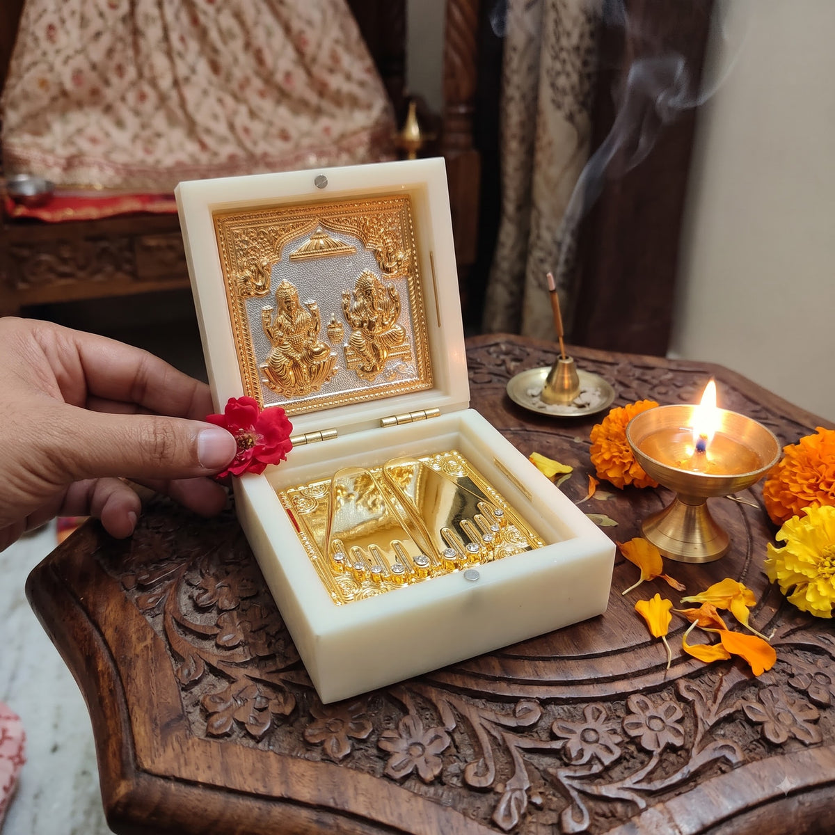 Premium Laxmi Puja & Festive Gift Box / Designer Wooden Laxmi Charan Gift Box