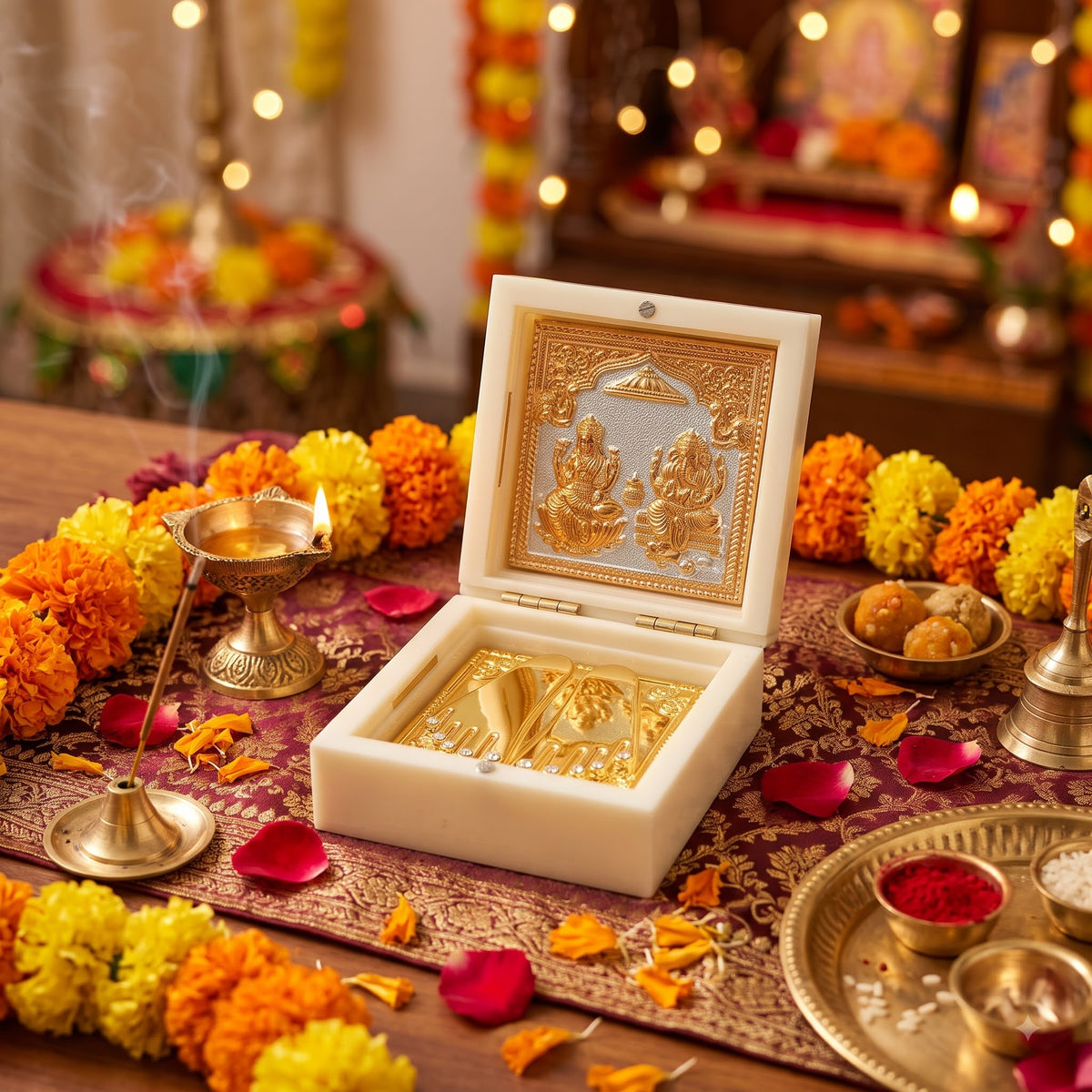 Premium Laxmi Puja & Festive Gift Box / Designer Wooden Laxmi Charan Gift Box